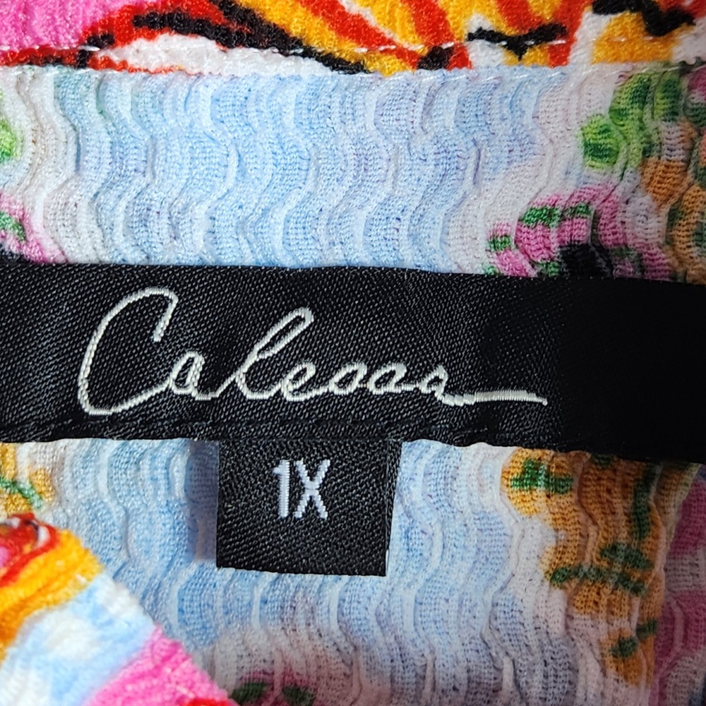 Calessa Womens 1X Floral Patchwork Button Up Mock Neck Shirt Fuchsia‎ Colorful - Picture 3 of 8